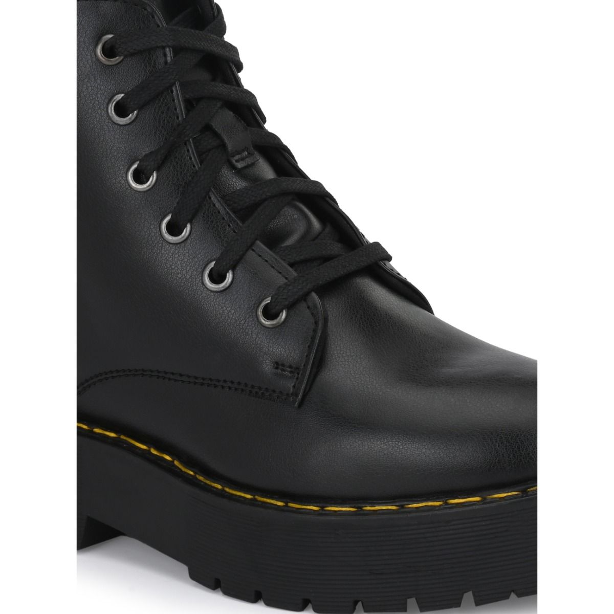 Buy Delize Women's Black Solid Derby Boots With Yellow Stitching