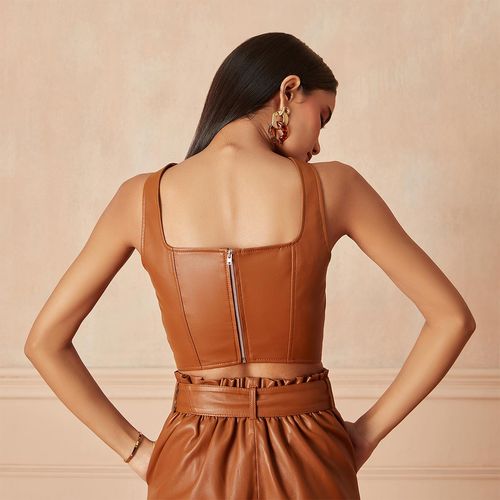 Buy RSVP by Nykaa Fashion Brown Faux Leather Crop Corset Top Online
