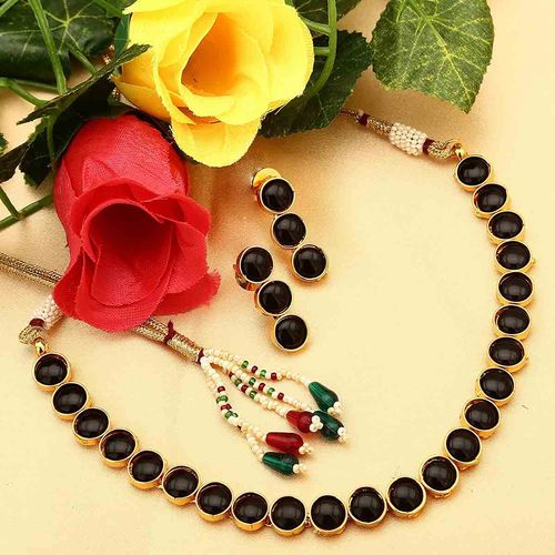 Buy Peora Gold Plated Black Choker Necklace Drop Earrings