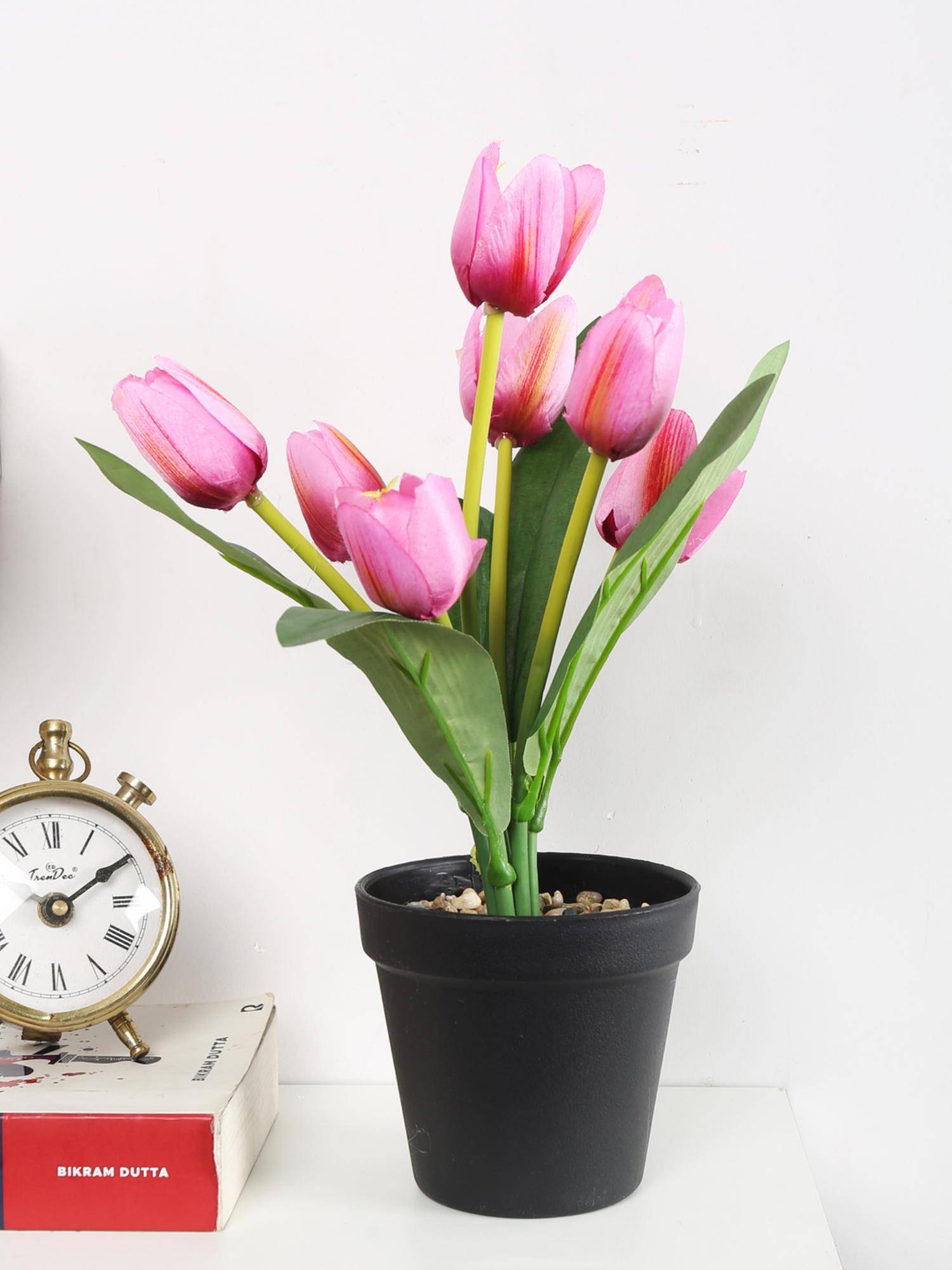 ARICK DECOR Artificial Pink Mini Tulip Flower Bonsai Plant with Pot