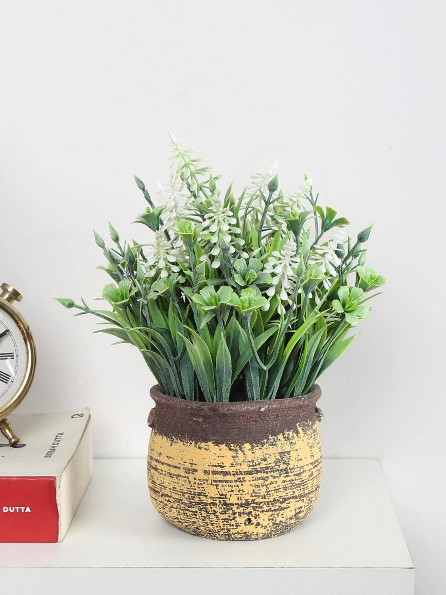 ARICK DECOR Artificial White Flowers Plants Bonsai with Seremet Pot