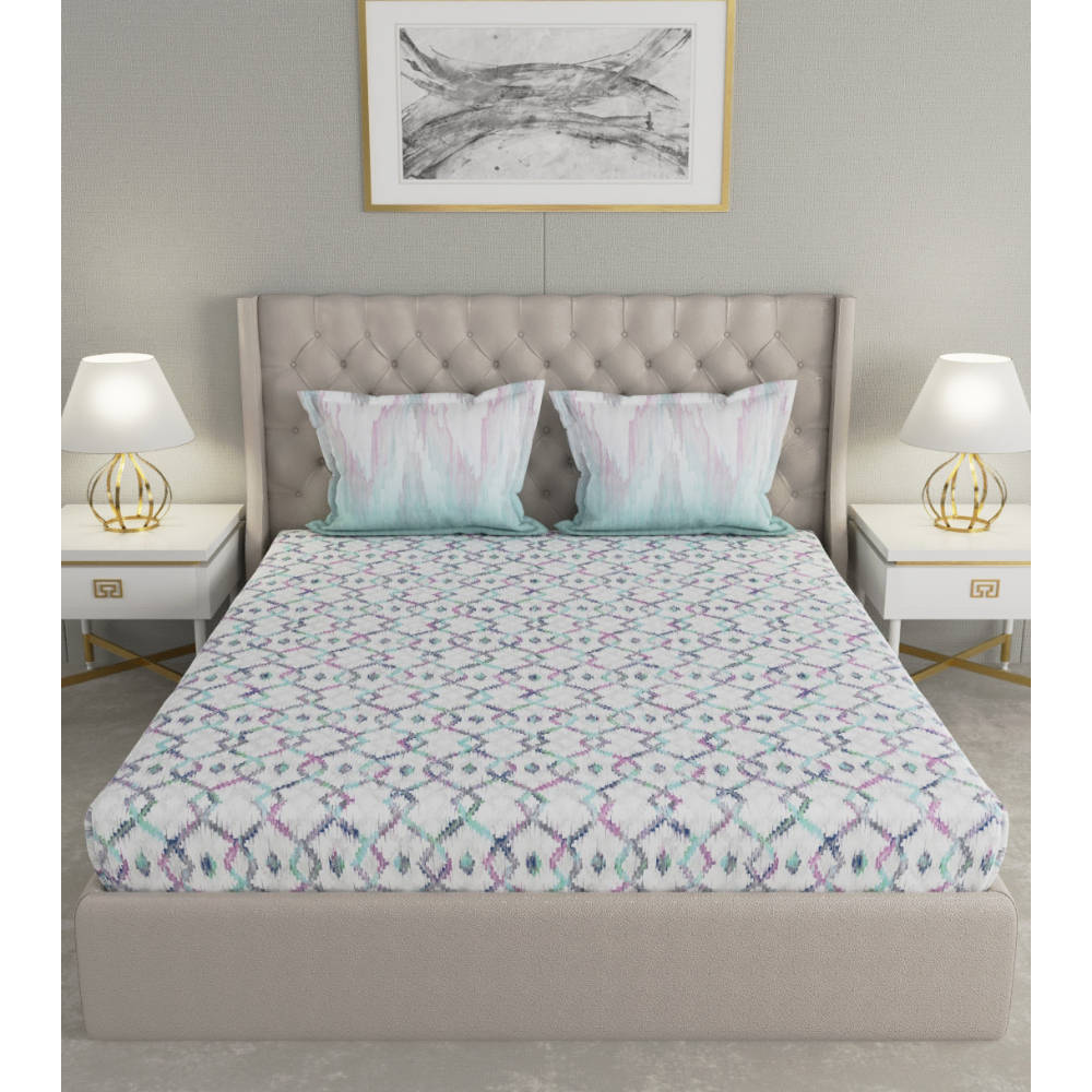 GM Grey Blue Geometric 144 TC Cotton Double Queen Bedsheet with 2 Pillow Covers