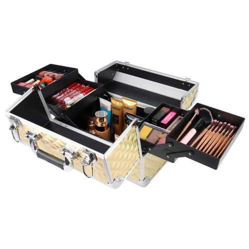 STRIPES Makeup Organizer Bag with Mirror for Travel, Large Vanity Box