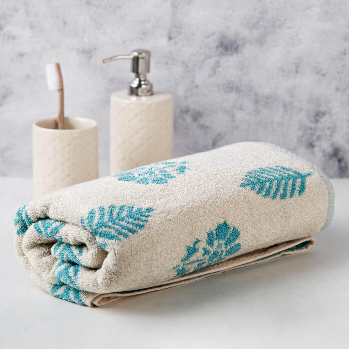 Buy Fabindia Blue Siena Buti Cotton Woven Bath Towel Online