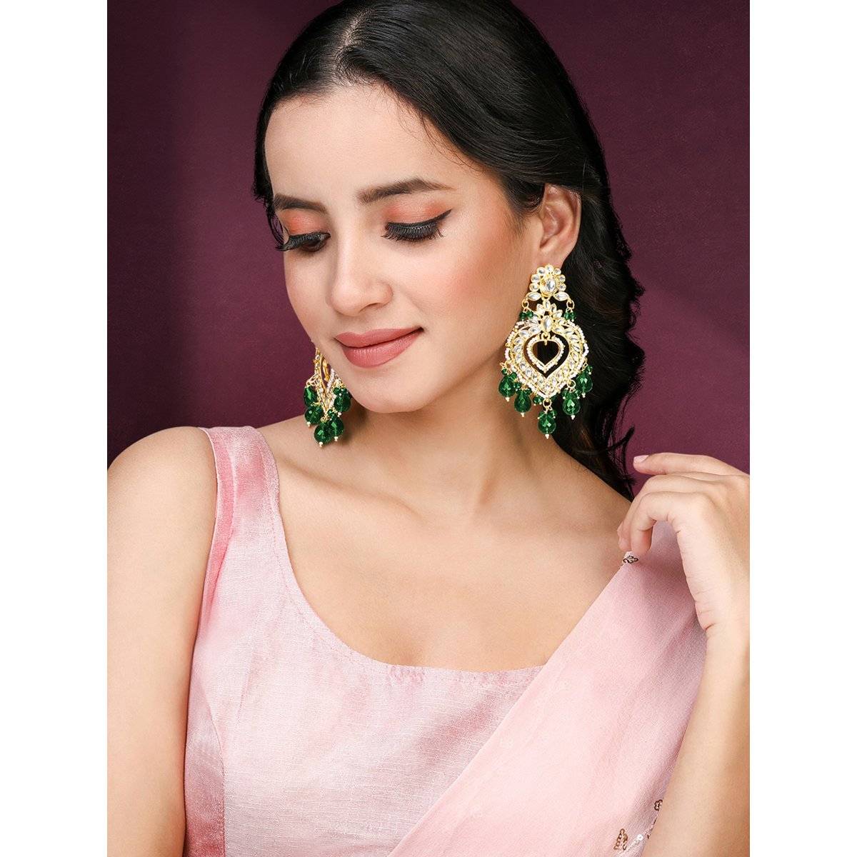 Peora Gold Plated Green Kundan and Beads Studded Earrings Ethnic Jewellery