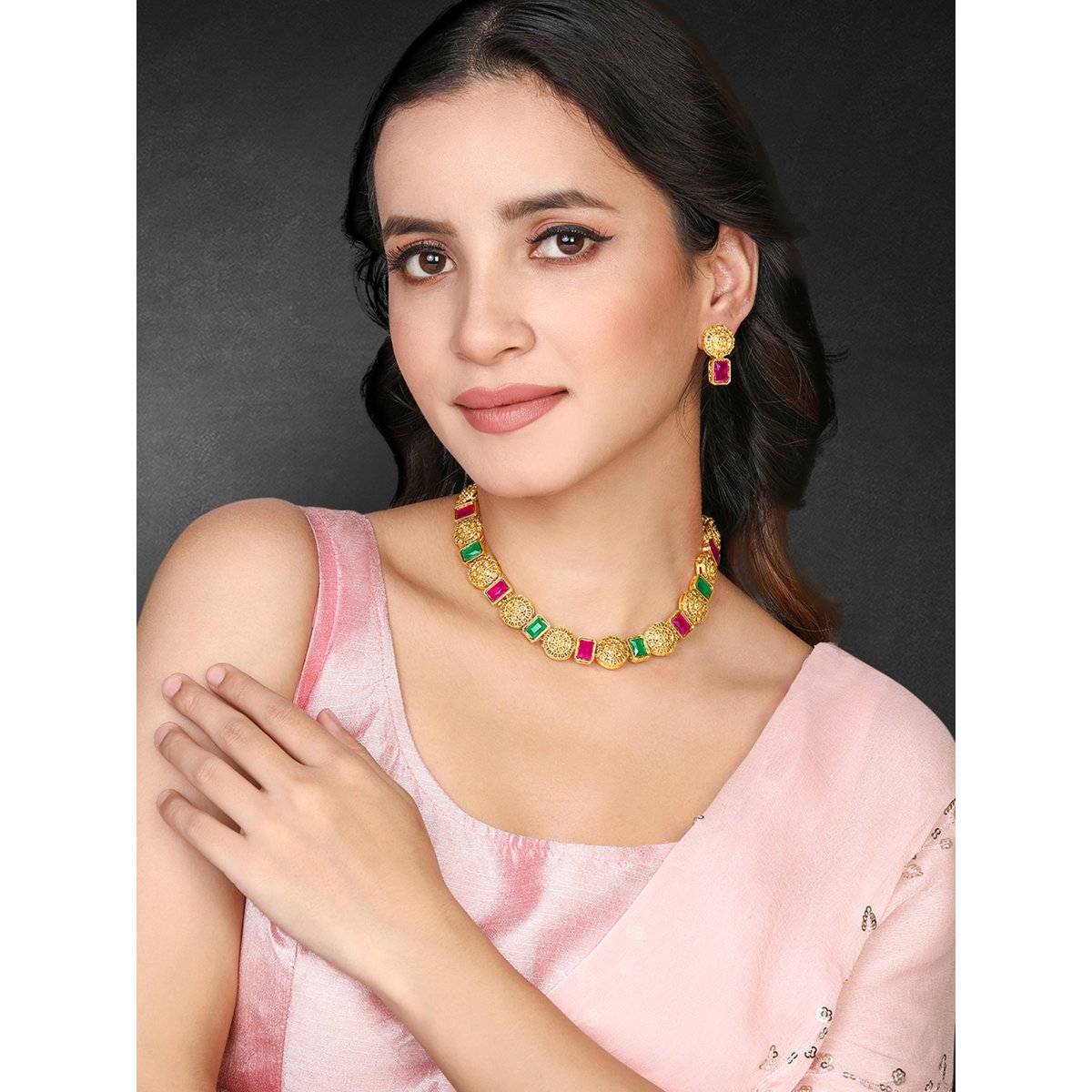 Peora Gold Plated Rani Pink Green Synthetic Stone Studded Necklace Drop Earrings (Set of 2)
