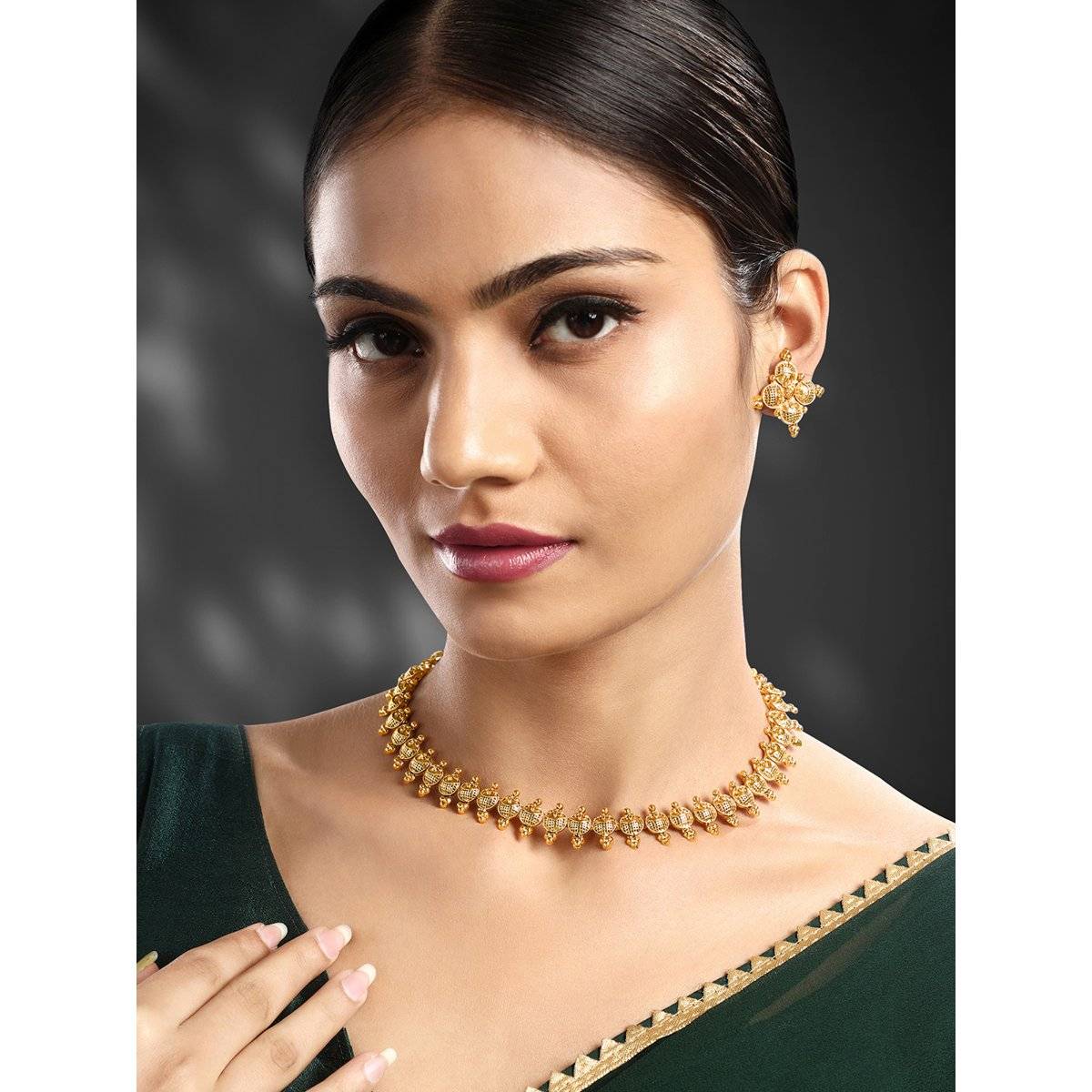 Peora Gold Plated Gold Choker Necklace Stud Earrings Ethnic Traditional for Women (Set of 2)