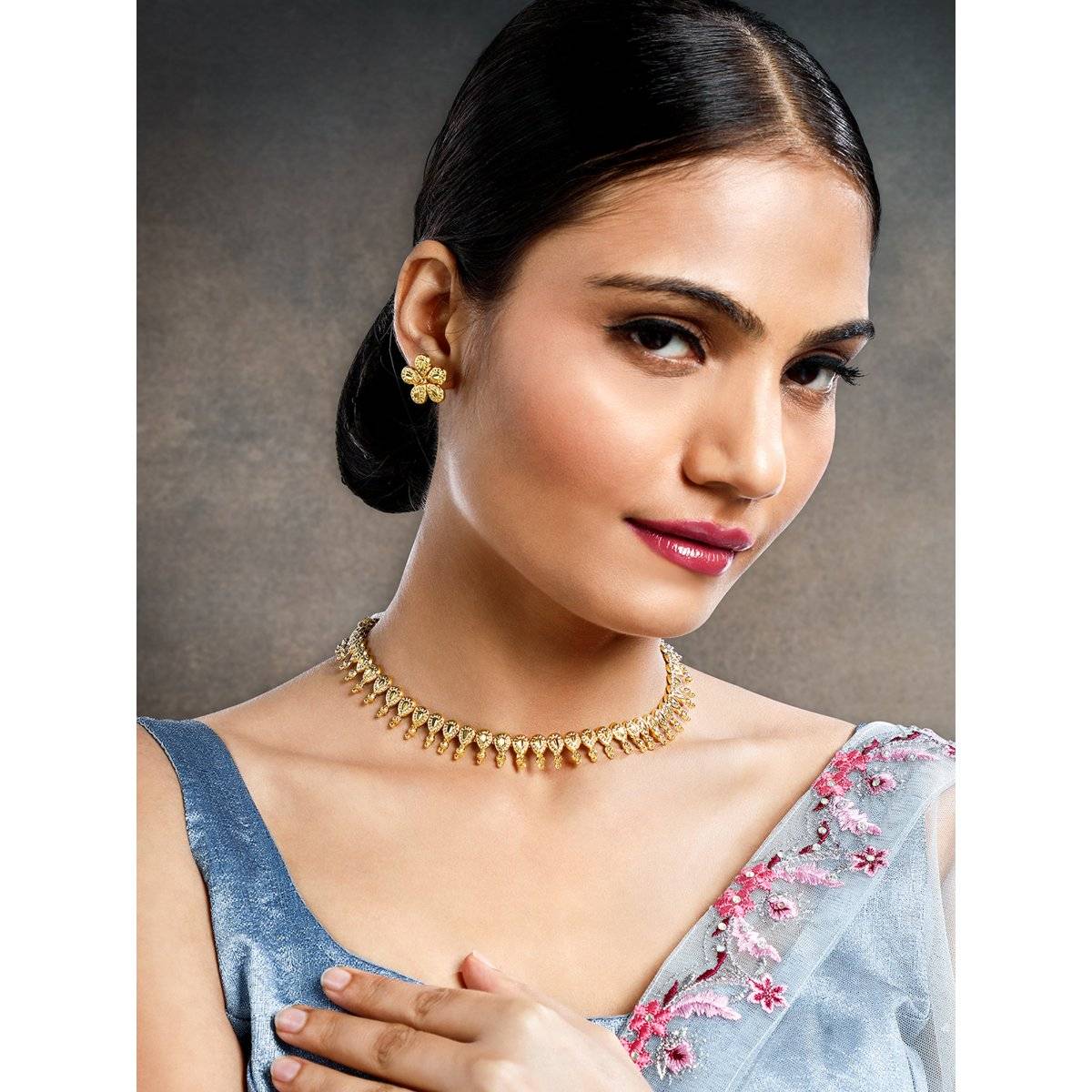 Peora Gold Plated Choker Necklace and Floral Stud Earrings Traditional Gift for Women (Set of 2)