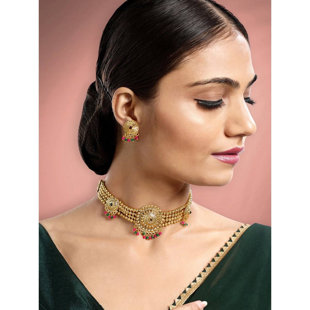 Peora Rani Pink Green Synthetic Stone Studded Necklace Earrings (Set of 2)