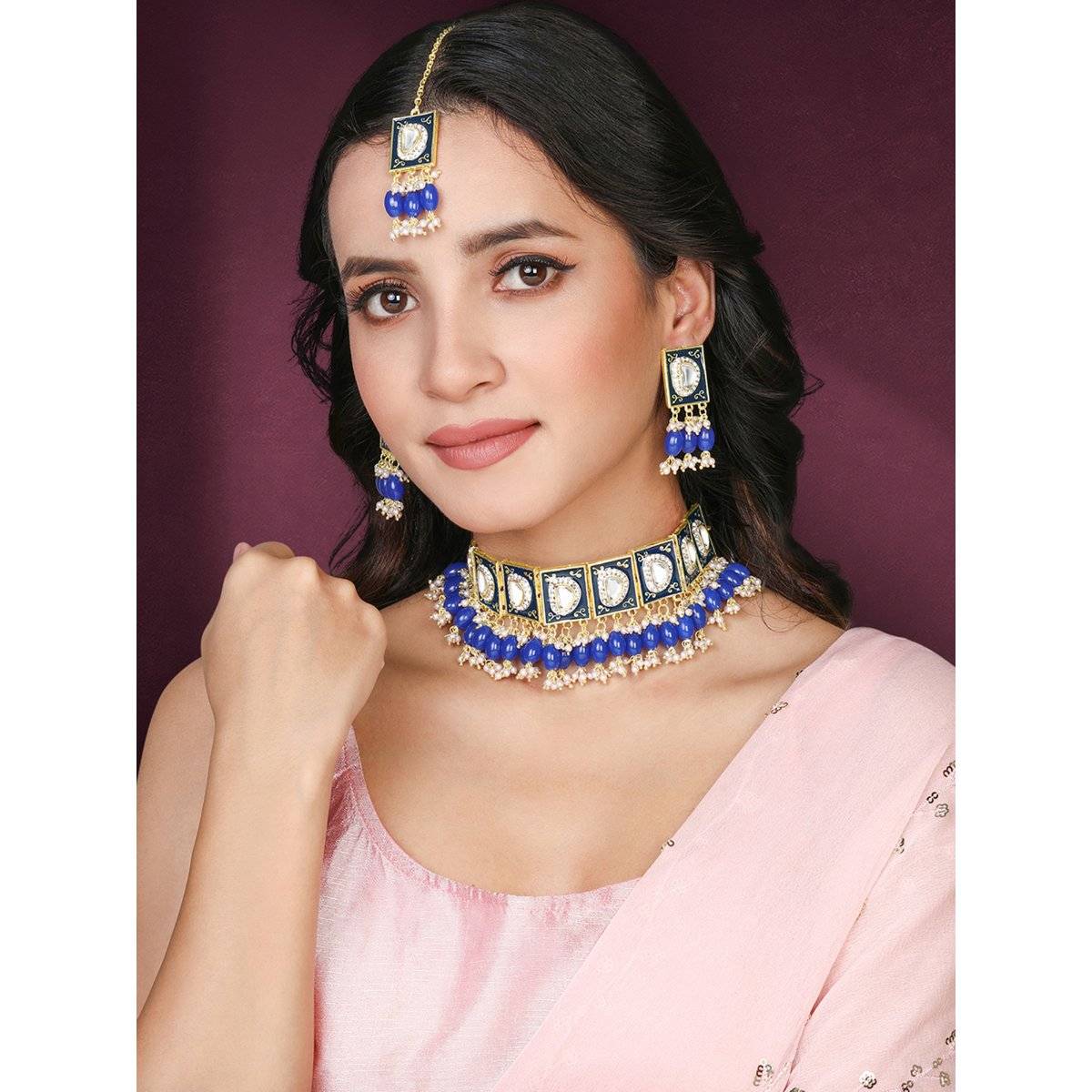 Peora Blue Synthetic Stone Studded Choker Necklace Earrings and Maangtikka (Set of 3)