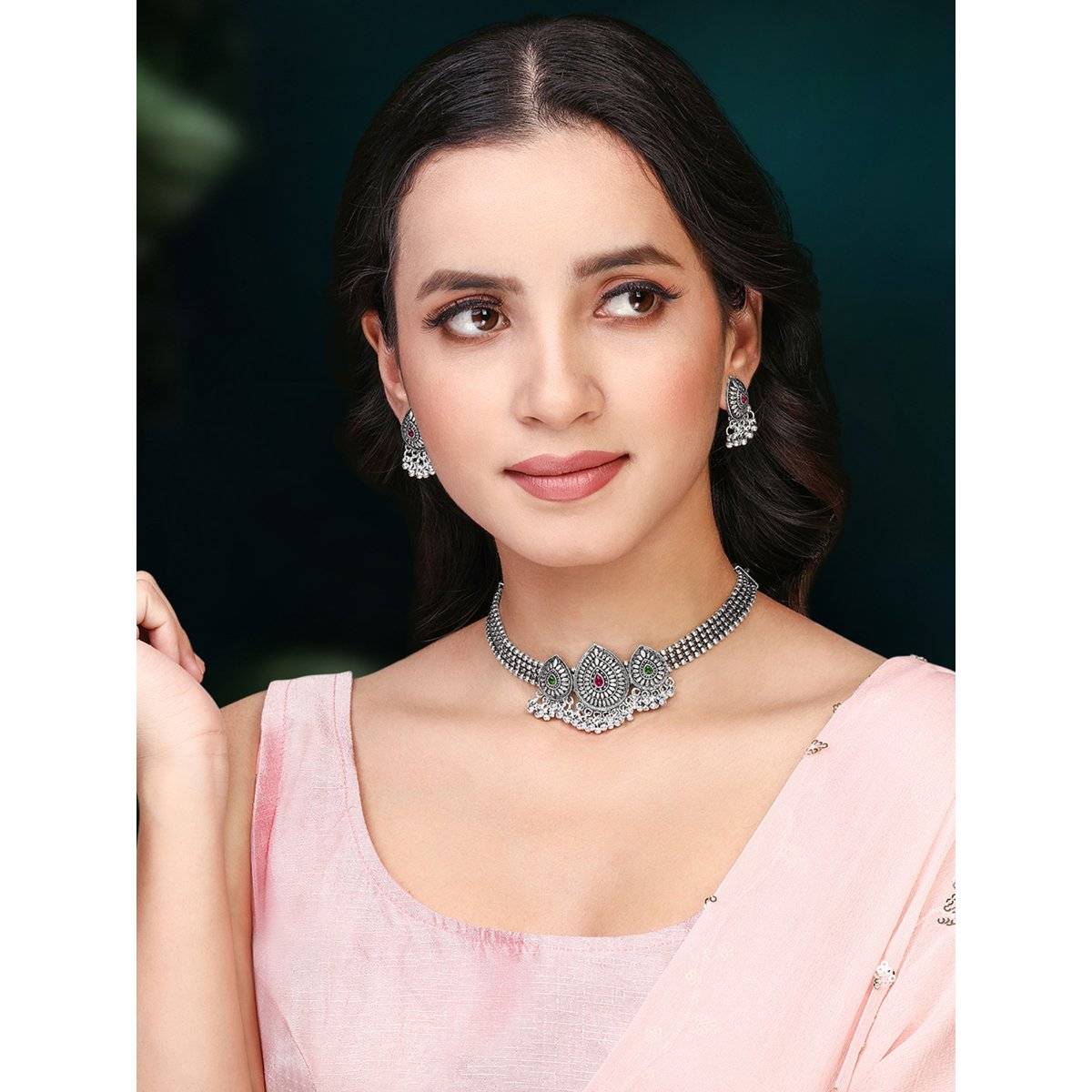 Peora Silver Plated Rani Pink Green Synthetic Stone Studded Necklace Earrings Oxidized (Set of 2)