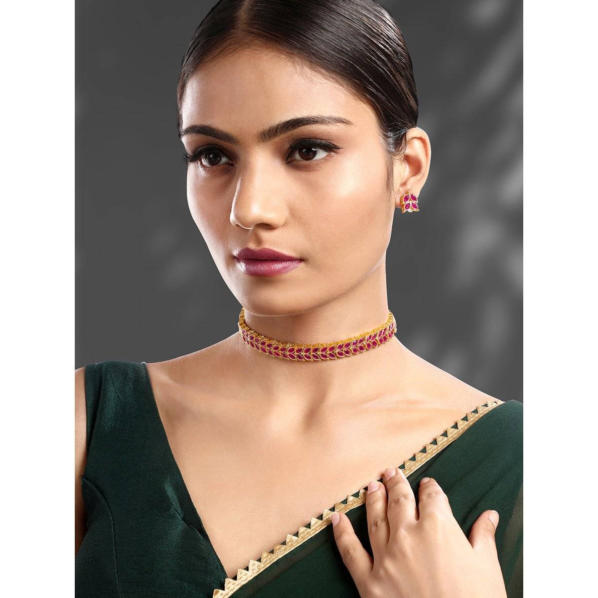 Peora Gold Plated Rani Pink Synthetic Stone Studded Necklace Stud Earrings for Women (Set of 2)