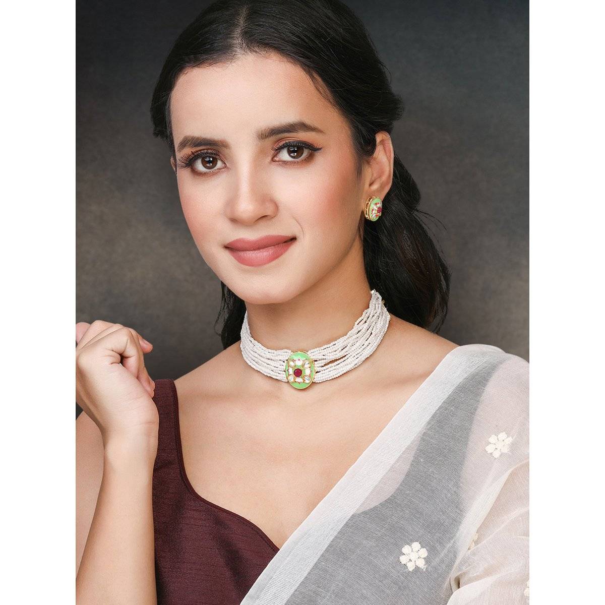Peora Gold Plated Mint White Synthetic Stone Studded Necklace Stud Earrings (Set of 2)