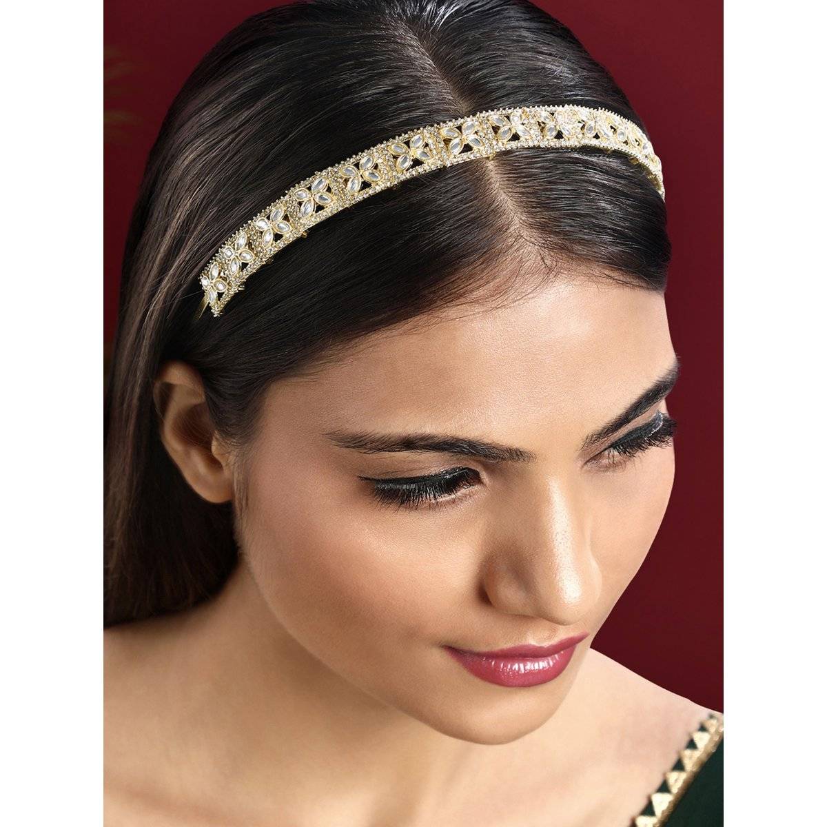 Peora Gold Plated White Kundan Studded Fancy Hair Band Ethnic Fashion Gift for Women