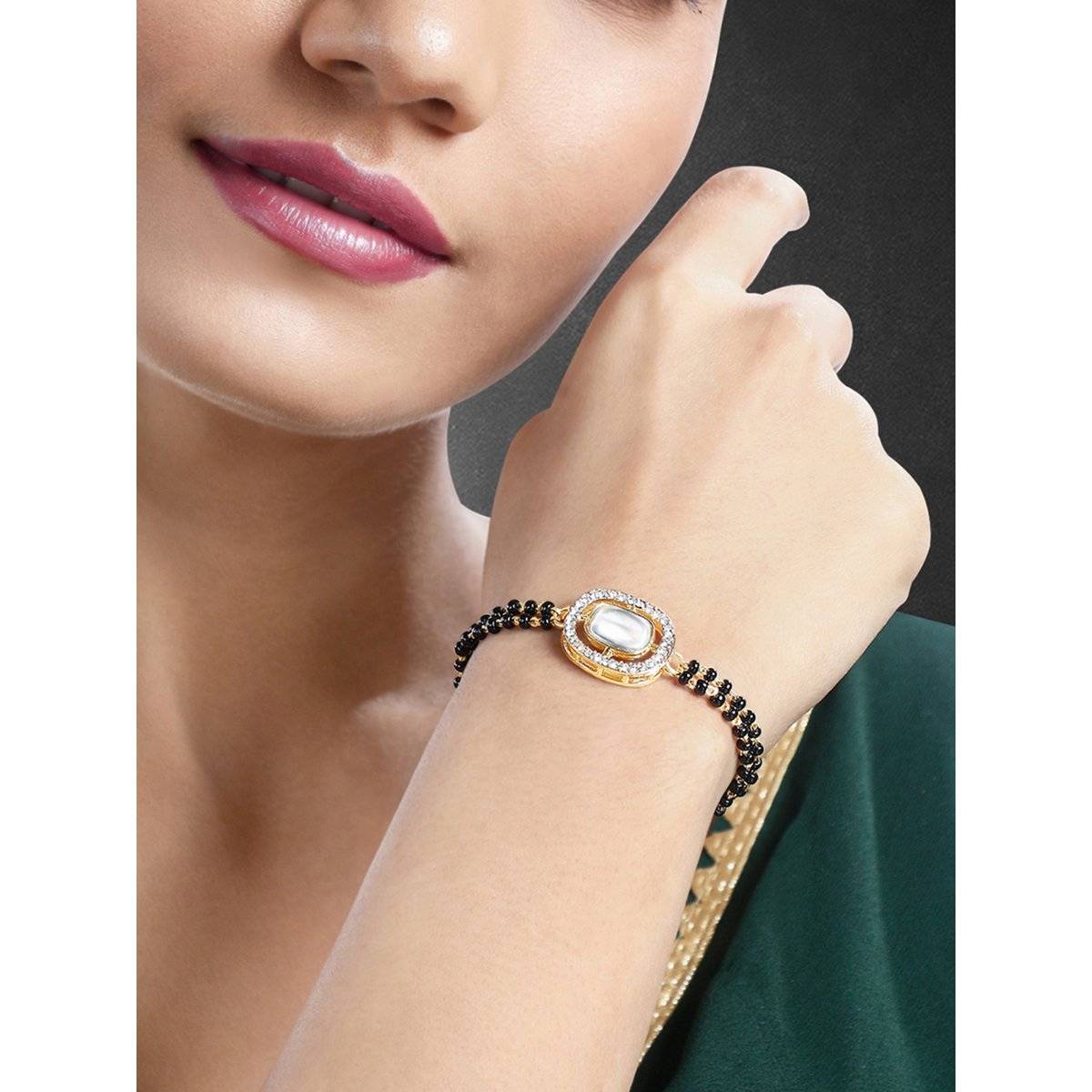 Peora Gold Plated CZ Synthetic Stone and Black Beads Studded Openable Bracelet for Women Girls