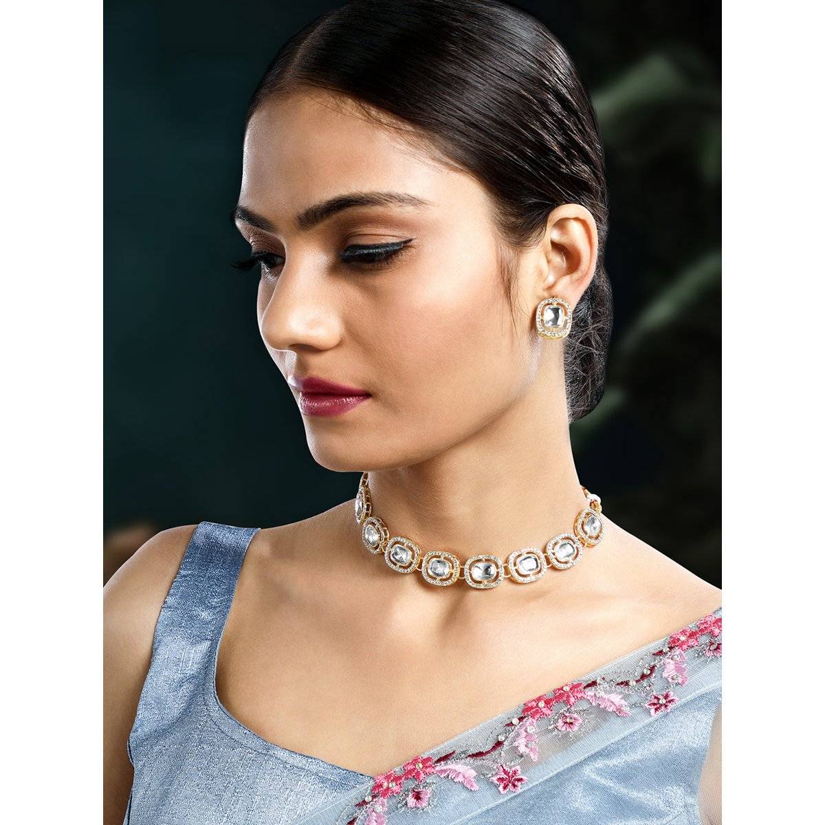 Peora Gold Plated White Synthetic Stone Studded Fancy Choker Necklace and Stud Earrings (Set of 2)