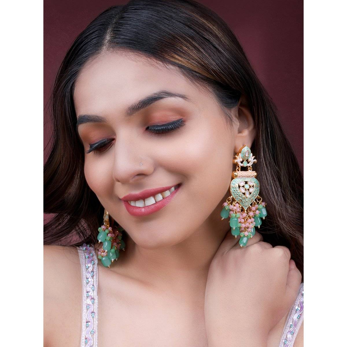Peora Gold Plated Mint and Pink Synthetic Stone Studded Earrings Ethnic