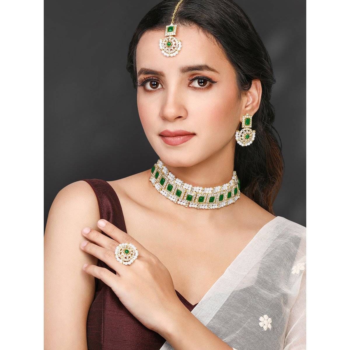 Peora Green Synthetic Stone CZ Studded Necklace Earrings Maangtikka Finger Ring (Set of 4)