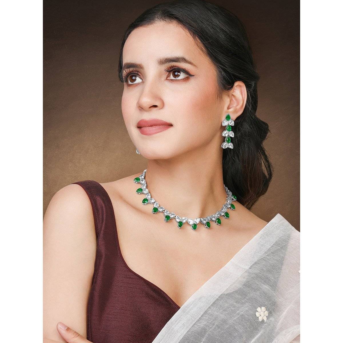 Peora Silver Plated Green Crystal and Synthetic Stone Studded Necklace Drop Earrings (Set of 2)