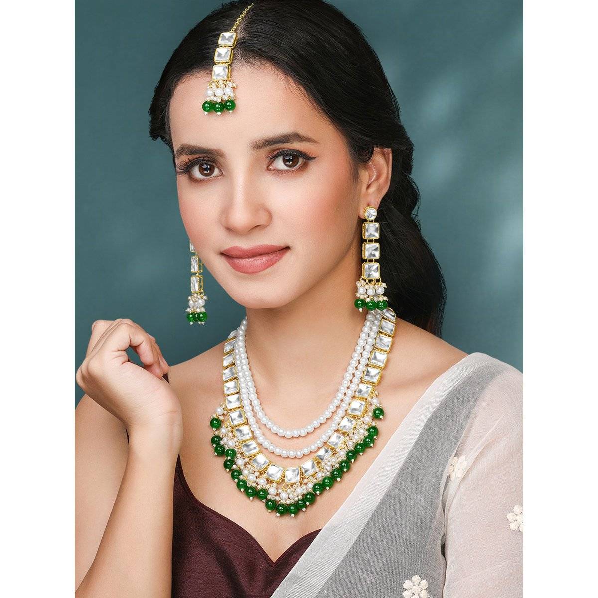 Peora Synthetic Stone and Green Beads Studded Necklace Earrings and Maangtikka (Set of 3)