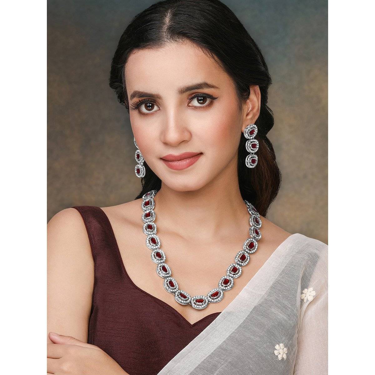 Peora Maroon Cubic Zirconia and Synthetic Stone Studded Necklace Earrings for Women (Set of 2)