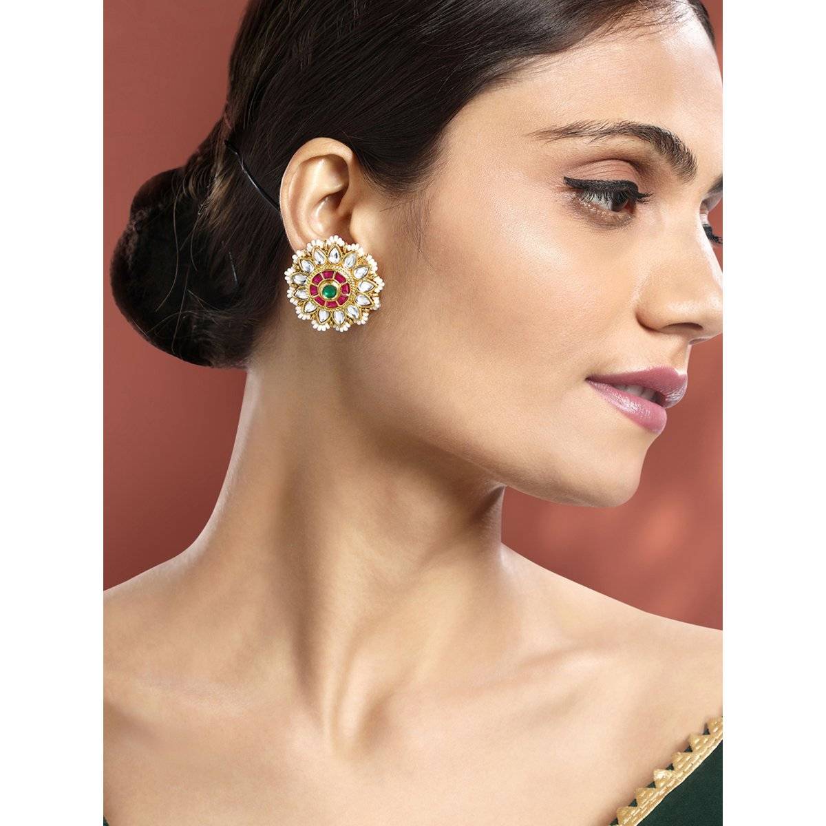 Peora Gold Plated Rani Pink Green Kundan and Beads Studded Stud Earrings Ethnic for Women