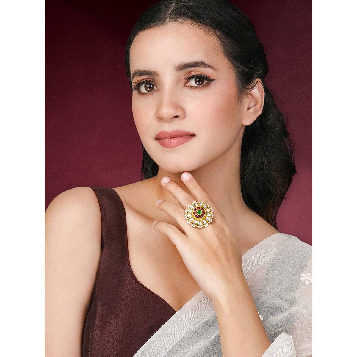 Peora Gold Plated Rani Pink Green Kundan and Beads Studded Adjustable Finger Ring for Women