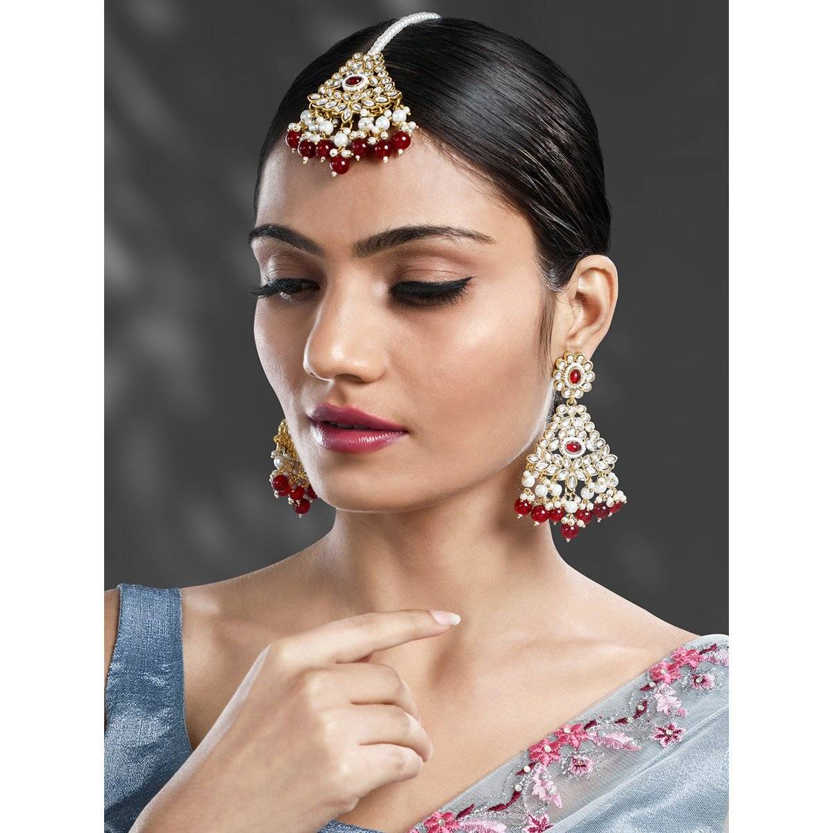 Peora Gold Plated Maroon Kundan and Beads Studded Earrings and Maangtikka Ethnic (Set of 2)