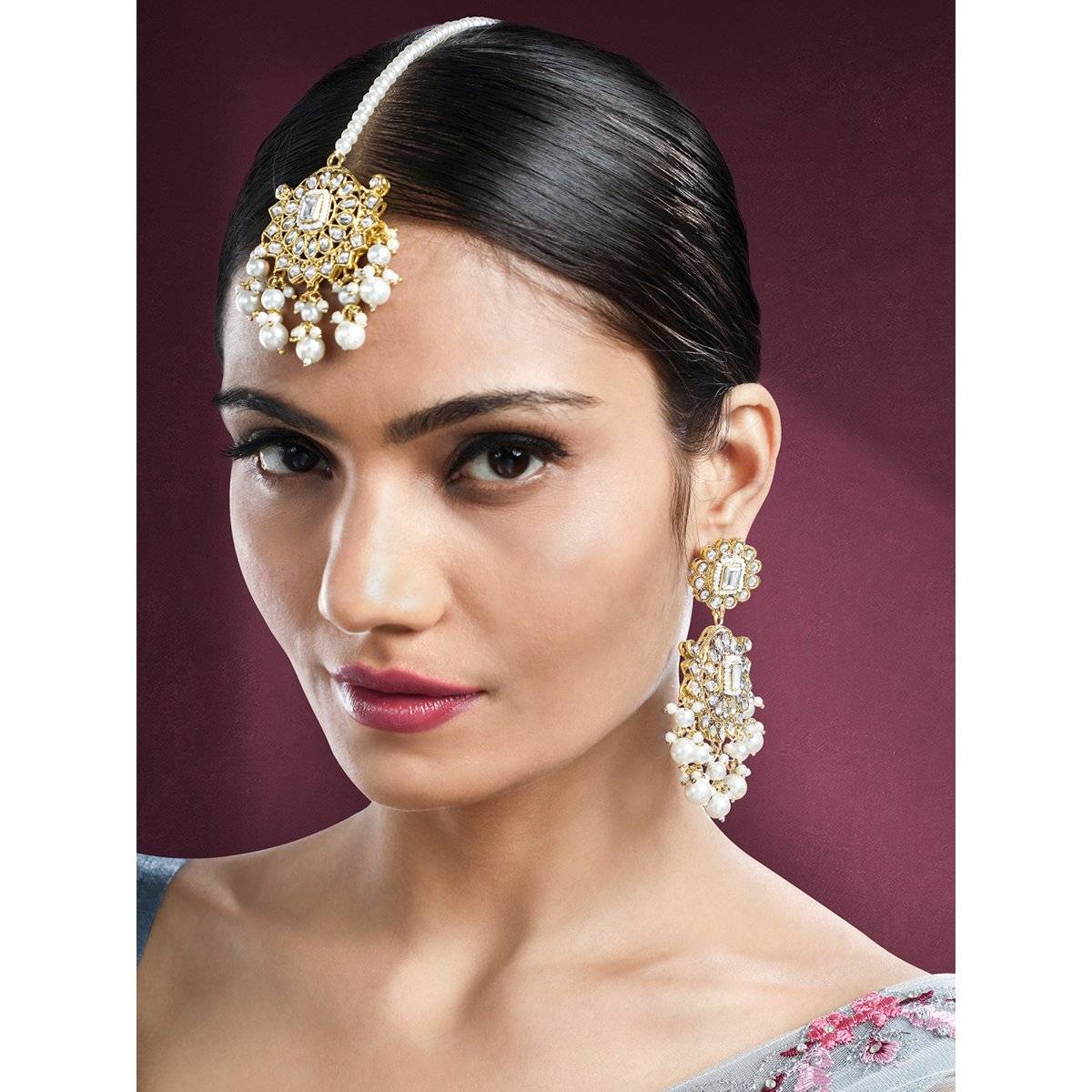 Peora Gold Plated White Kundan and Beads Studded Earrings and Maangtikka Ethnic (Set of 2)