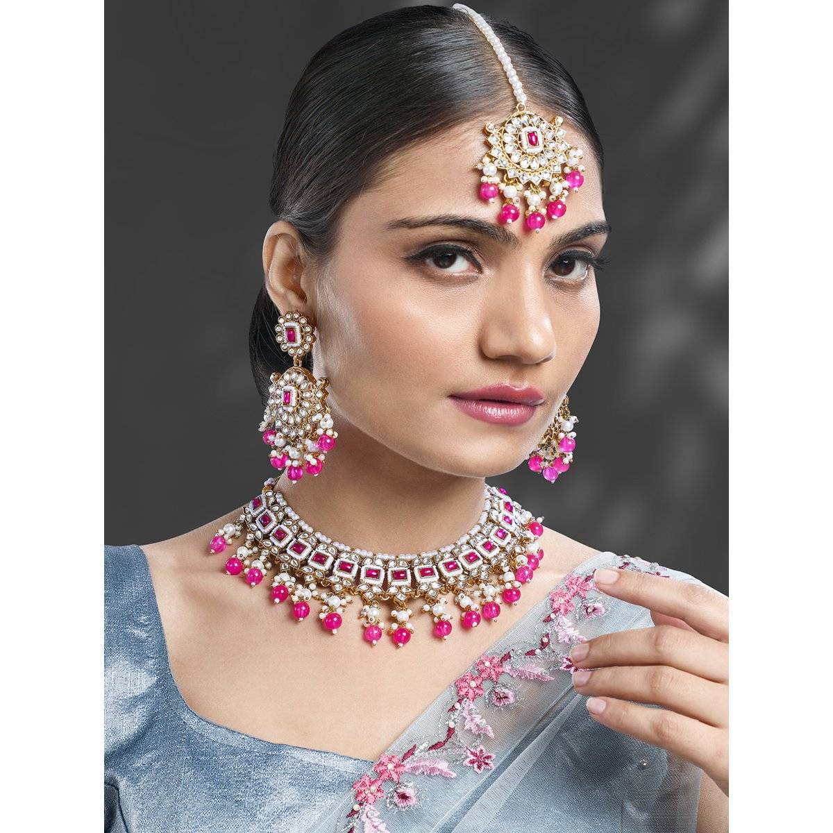 Peora Gold Plated Kundan Rani Pink Beads Studded Necklace Earrings and Maangtikka (Set of 3)