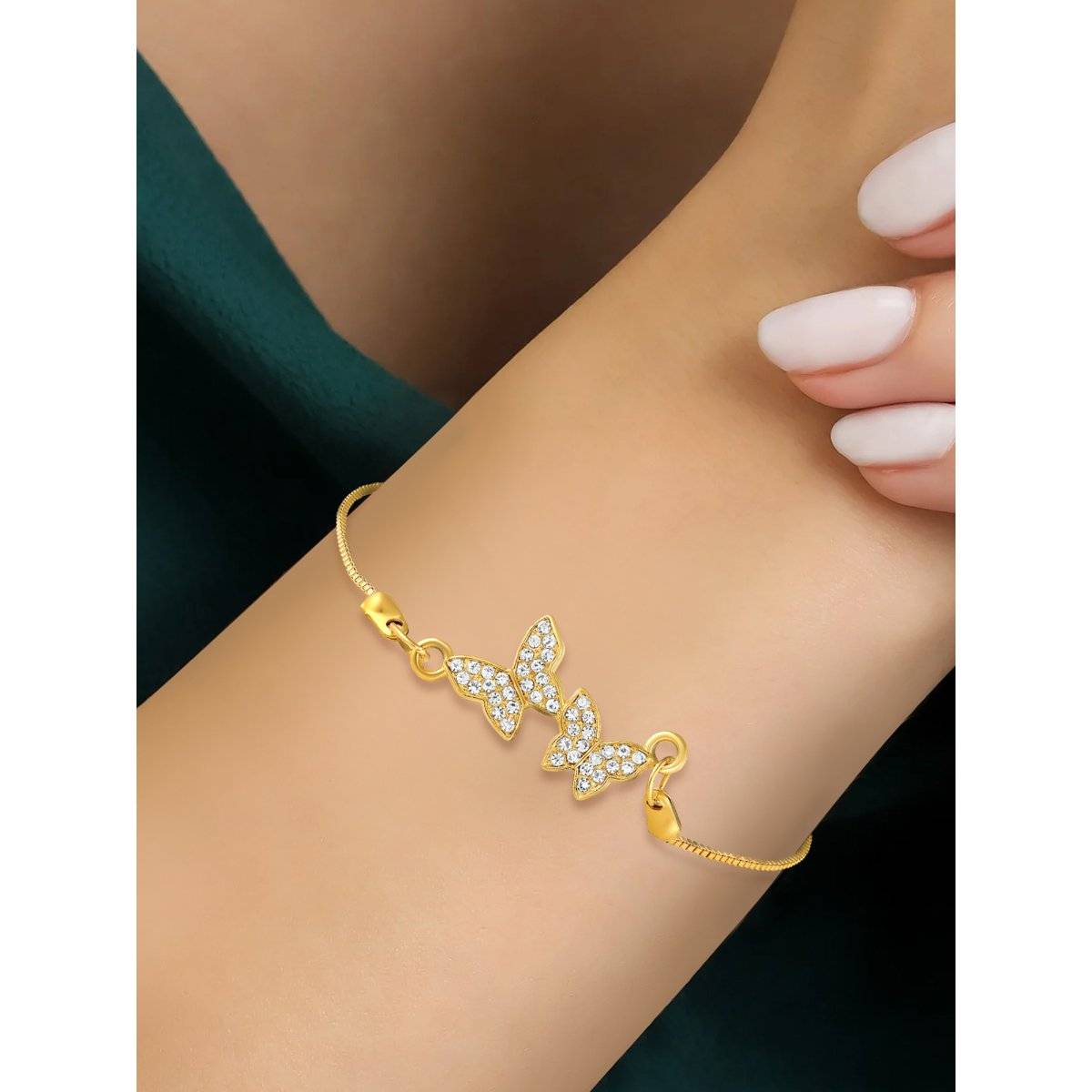 Peora Gold Plated Cubic Zirconia Studded Butterfly Style Adjustable Bracelet for Women