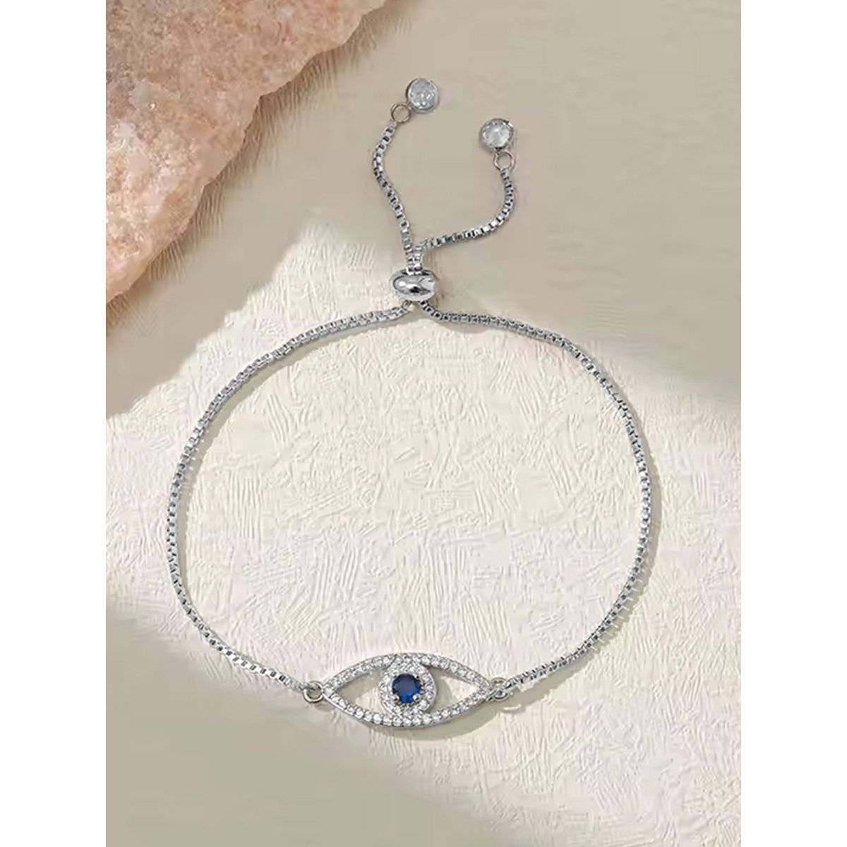Peora Silver Plated Cubic Zirconia Studded Evil Eye Fancy Adjustable Bracelet for Women