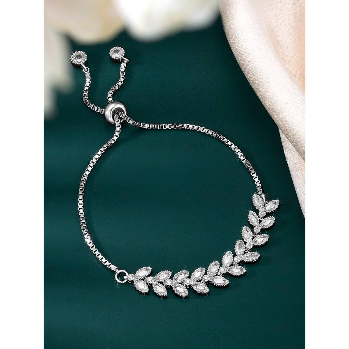 Peora Silver Plated Cubic Zirconia Studded Adjustable Floral Bracelet Jewellery for Women