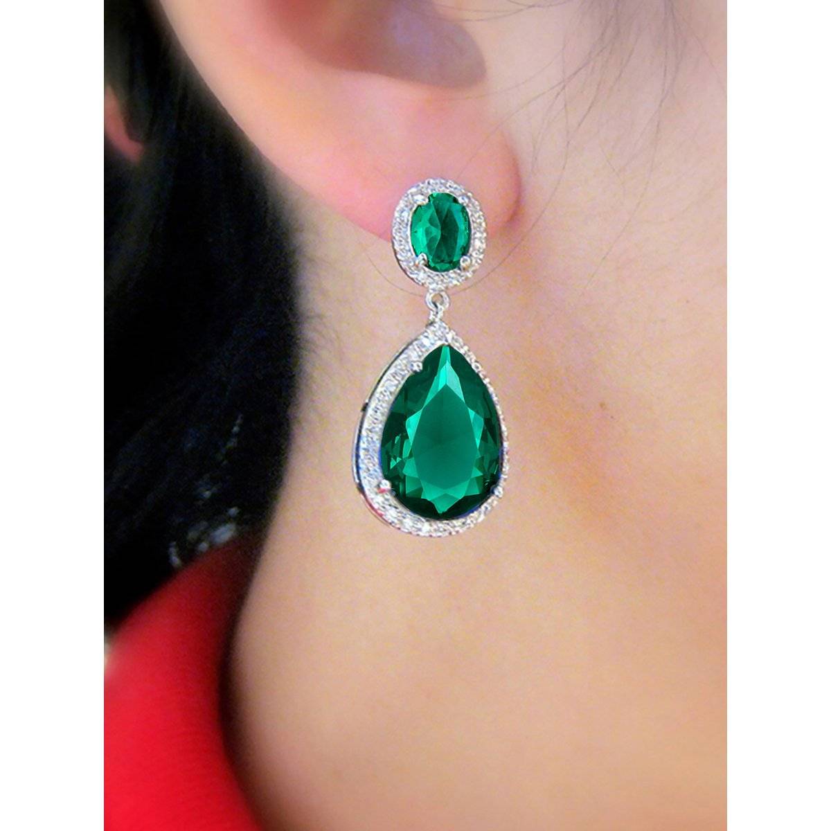 Peora Silver Plated Cubic Zirconia and Green Crystal Studded Earrings For Women