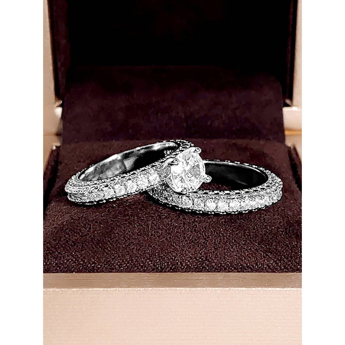 Peora Silver Plated CZ Studded Solitaire and Eternity Finger Ring Women (US 7) (Pack of 2)