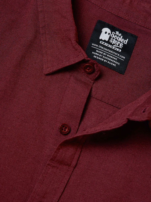 The Souled Store Original Linen : Maroon Cotton Linen Shirts (L)
