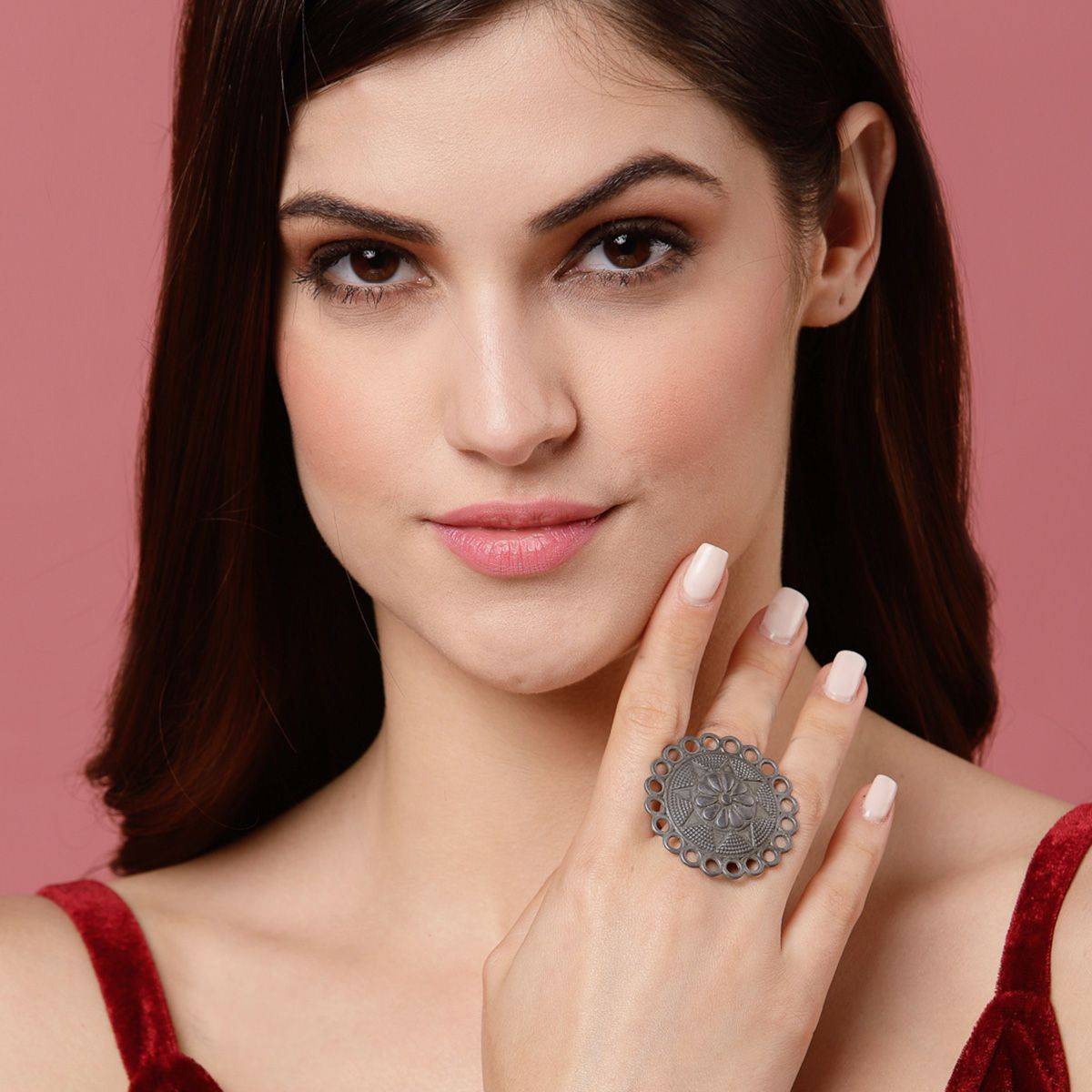 PANASH Women Oxidised Silver Toned Circular Shaped Adjustable Finger Ring