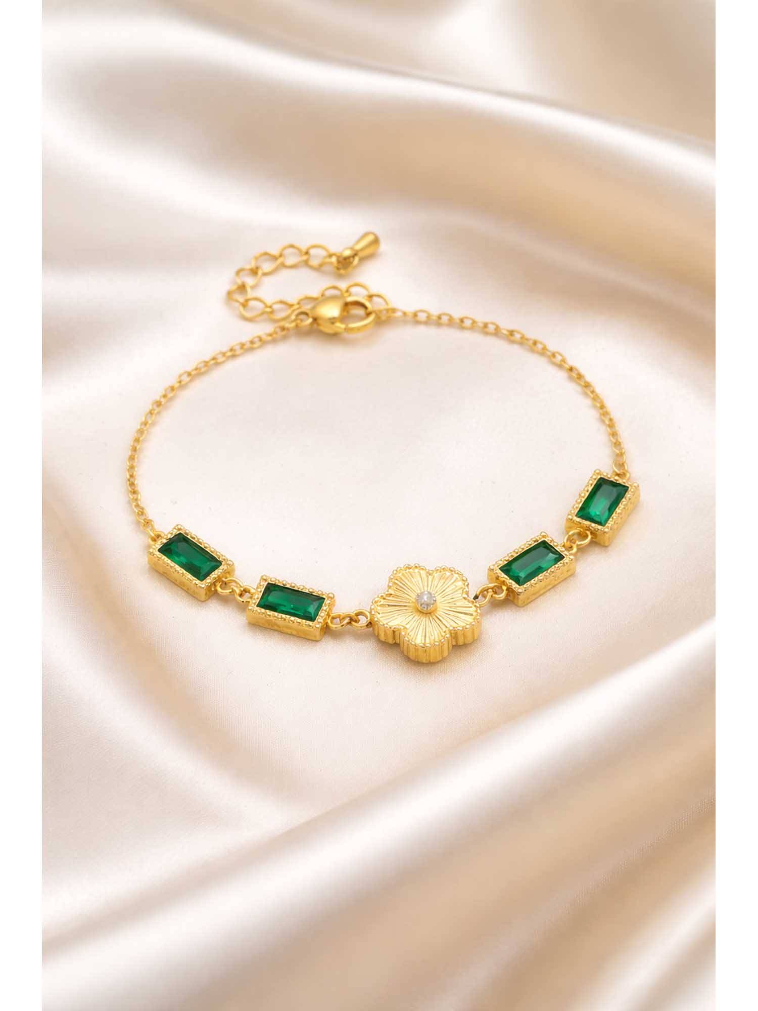 VIEN Green Stainless Steel Gold Plated Stones Bracelet