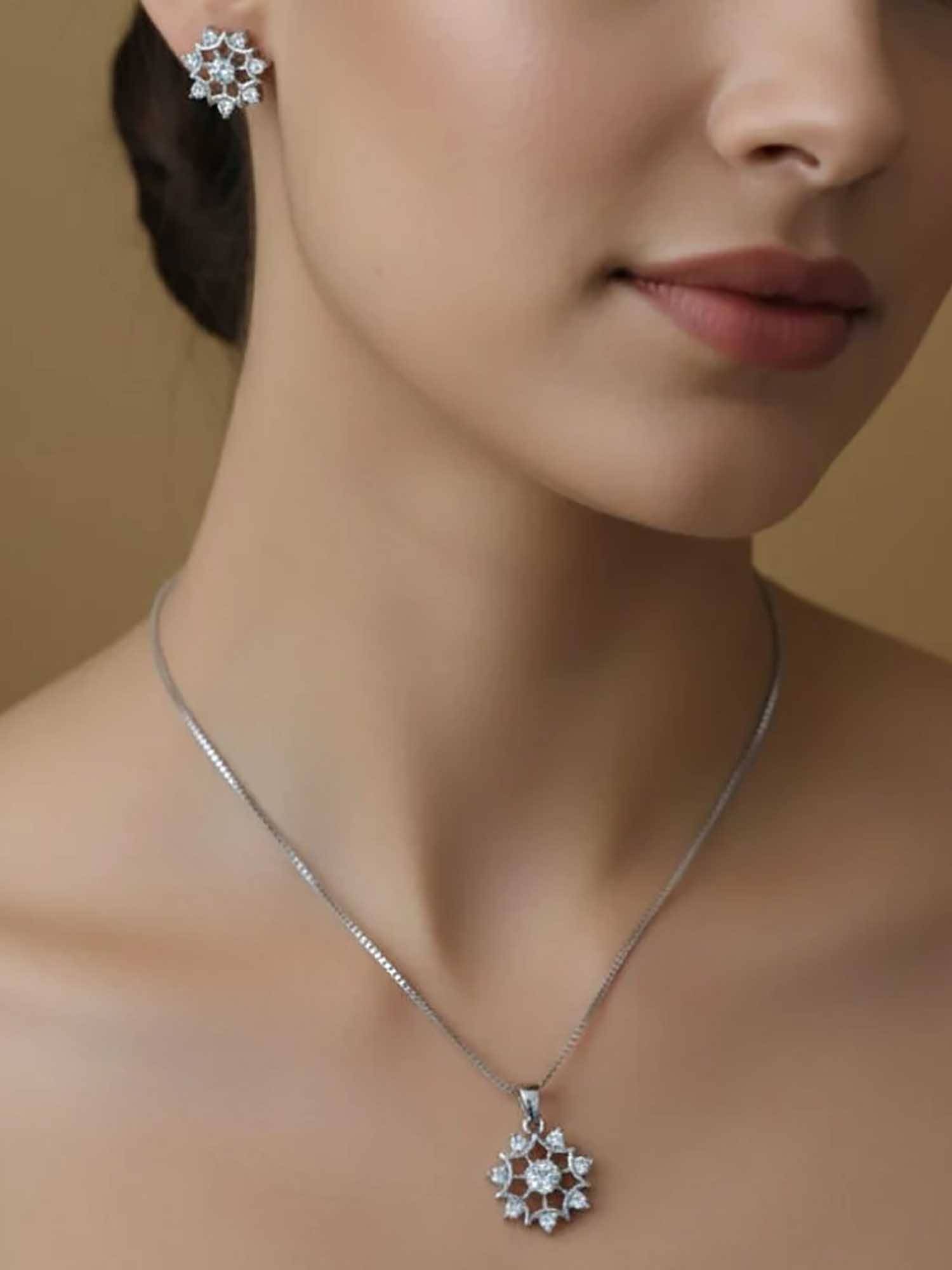 ZEVARLY White Alloy Rhodium Plated Stones Necklace with Earrings