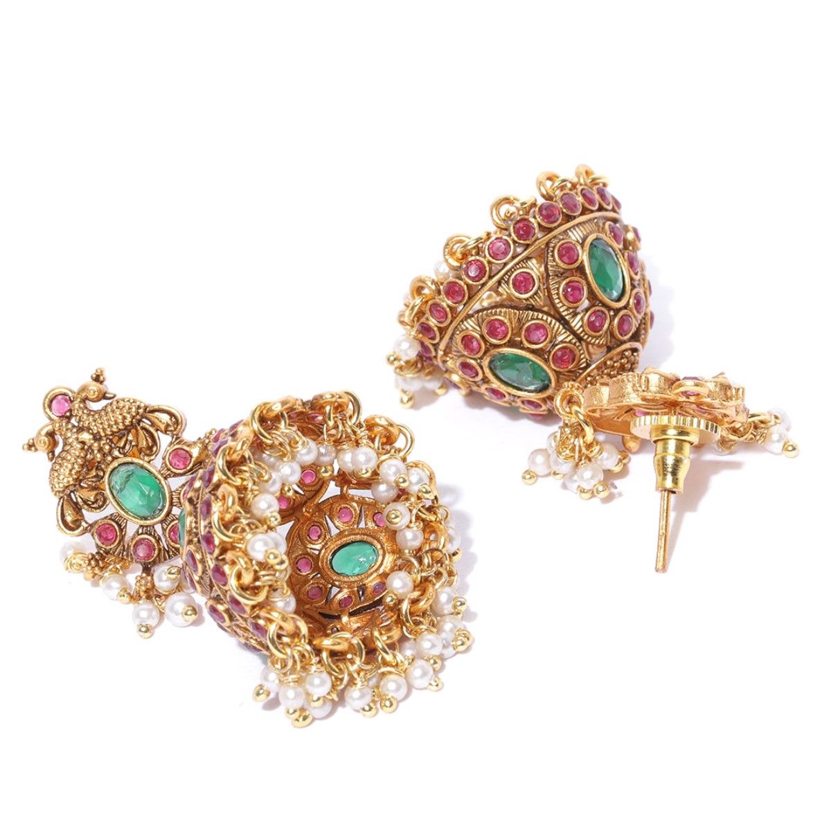 Priyaasi Gold Plated Emerald And Rub Studded Peacock Inspired Jhumki 