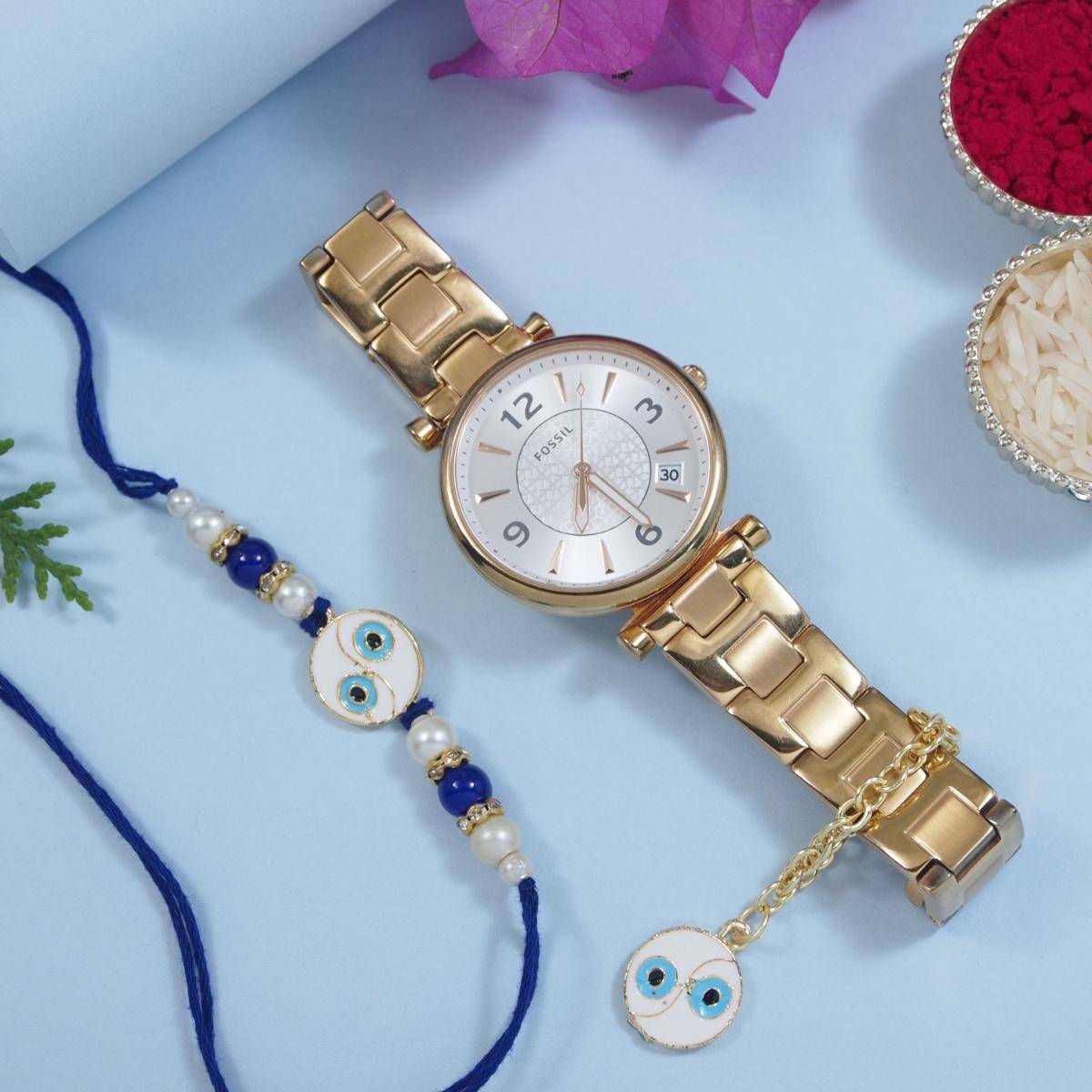 I Jewels Round Enamel Evil Eye Rakhi with Roli Chawal & Unique Watch Charm