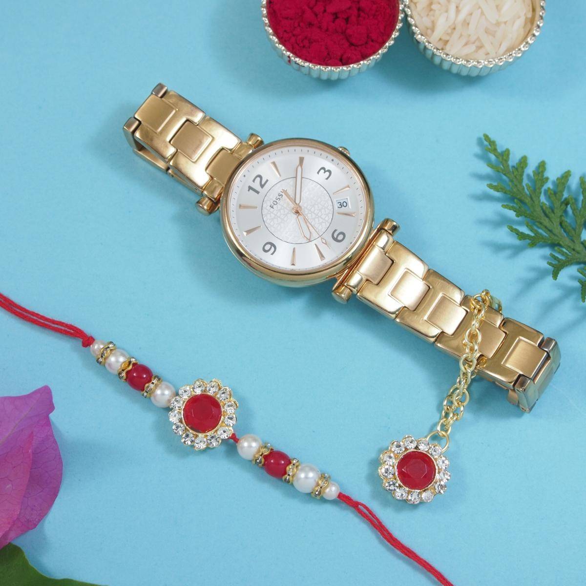 I Jewels Kundan & Pearl Bhaiya Bhabhi Rakhi with Roli Chawal & Unique Watch Charm