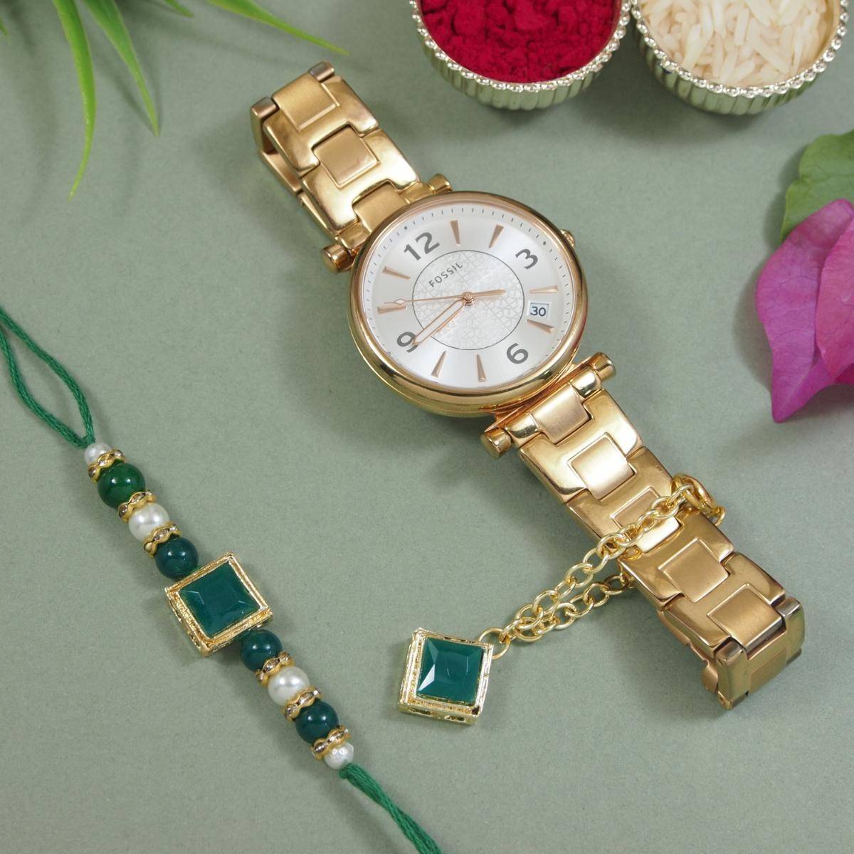 I Jewels Pearl Beads Bhaiya Bhabhi Rakhi with Roli Chawal & Unique Watch Charm