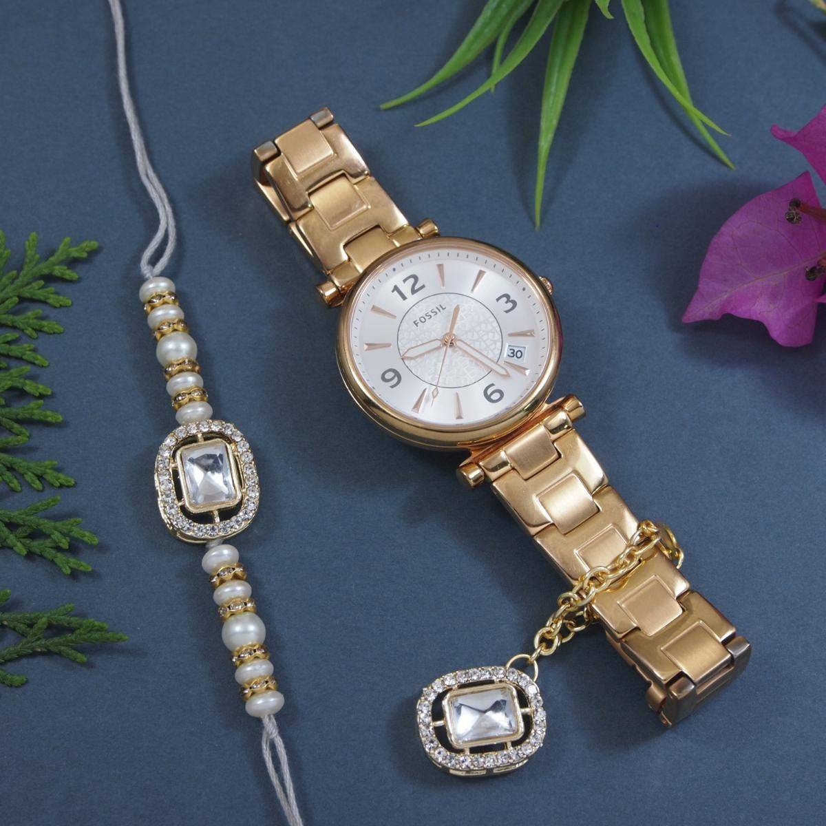 I Jewels Kundan & Pearl Bhaiya Bhabhi Rakhi with Roli Chawal & Unique Watch Charm