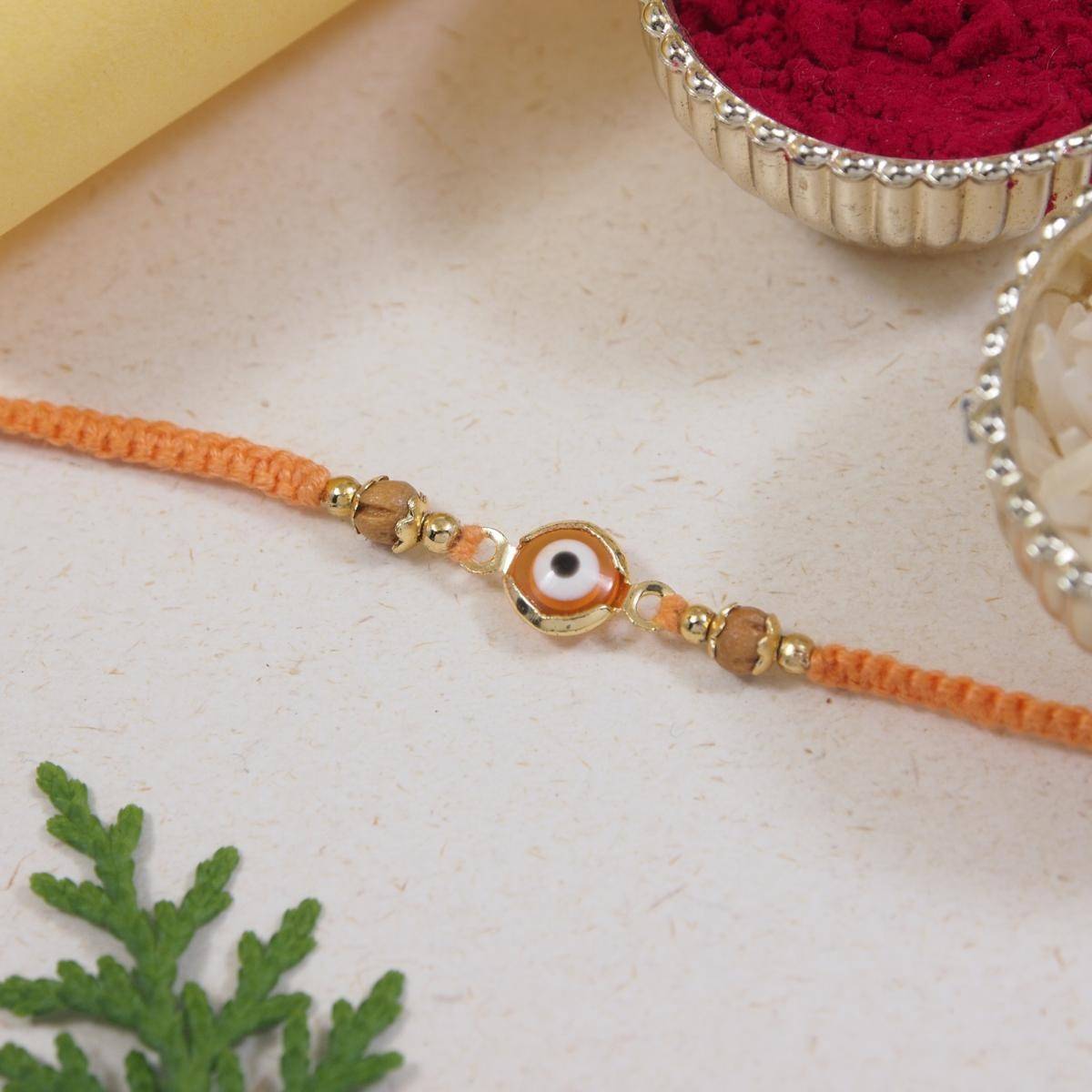I Jewels Peach Enamel Evil Eye Rakhi with Roli Chawal For Bro/Brother/Bhai