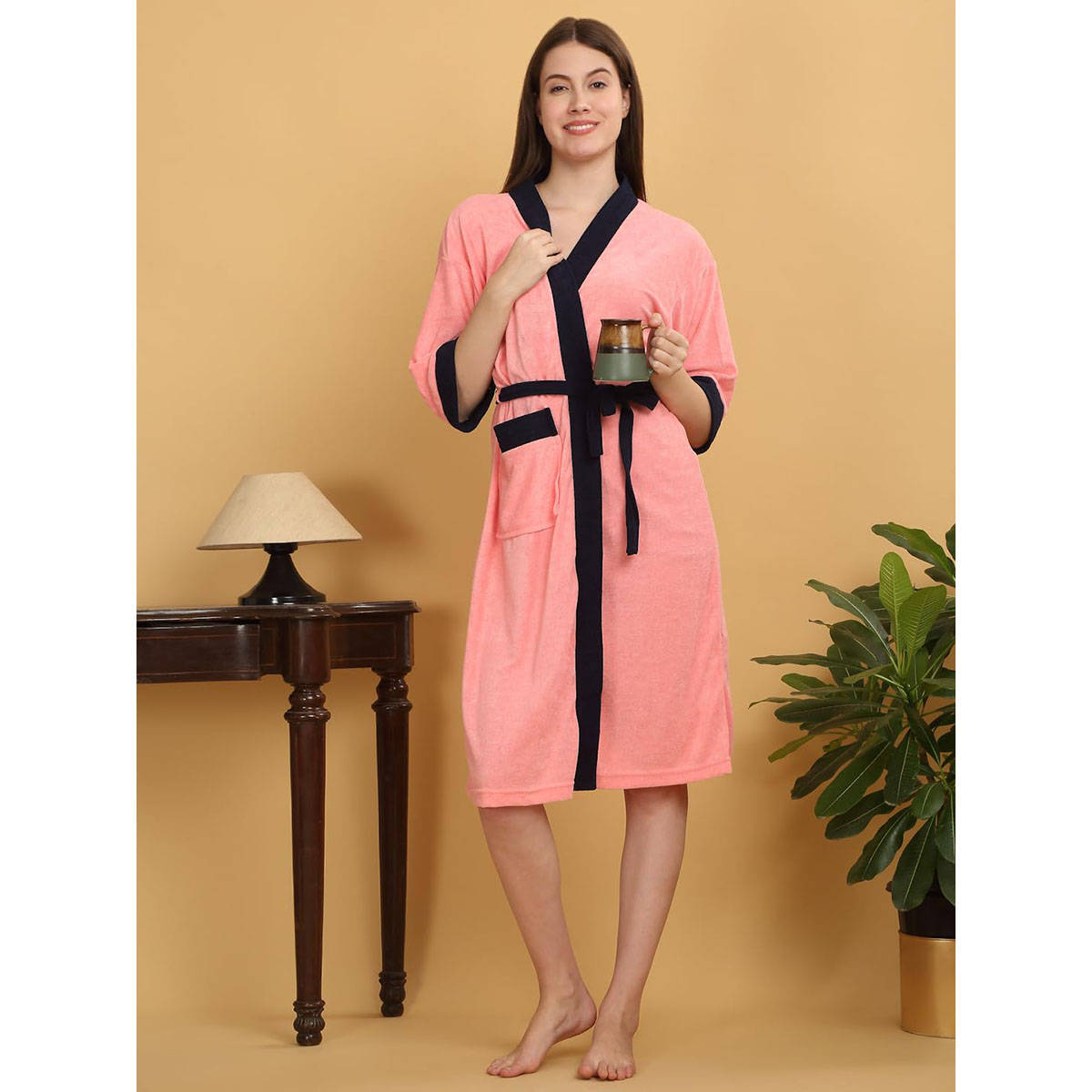 Creeva Unisex Micro Terry Bath Robe Peach Soft and Lightweight Kimono Style Bath Robe