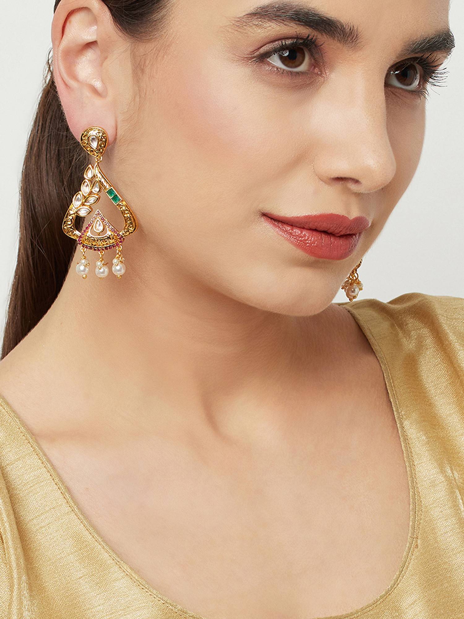 Voylla Gold Plated Vintage Inspired Faux Kundan Brass Drop Earrings