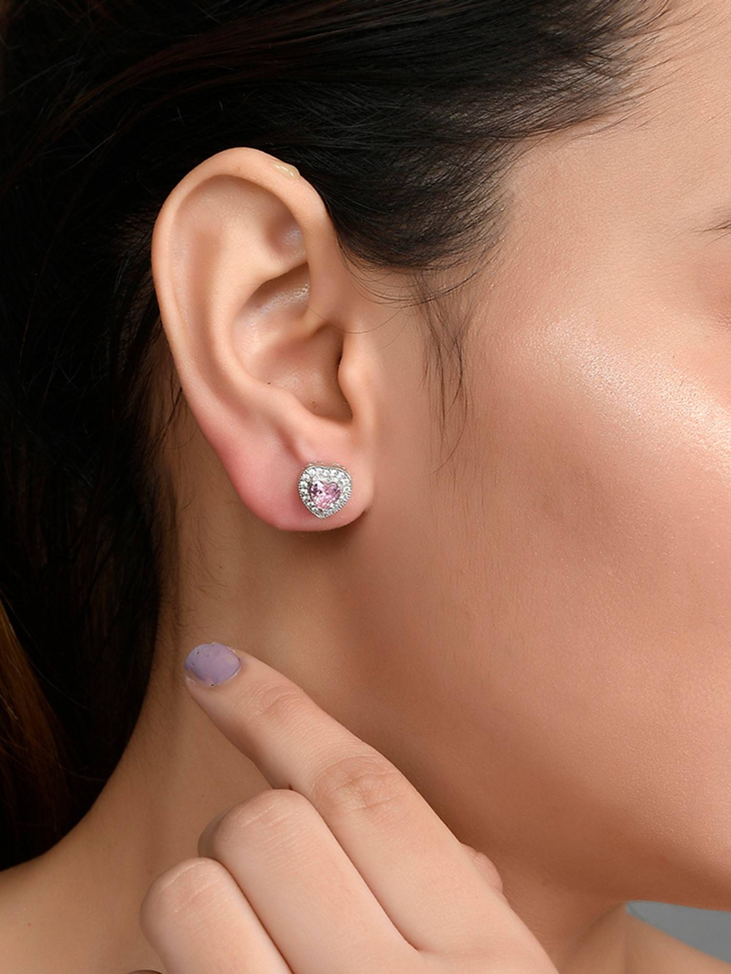 Voylla Valentine'S Day Collection Heart Pink Cz Stud Earrings