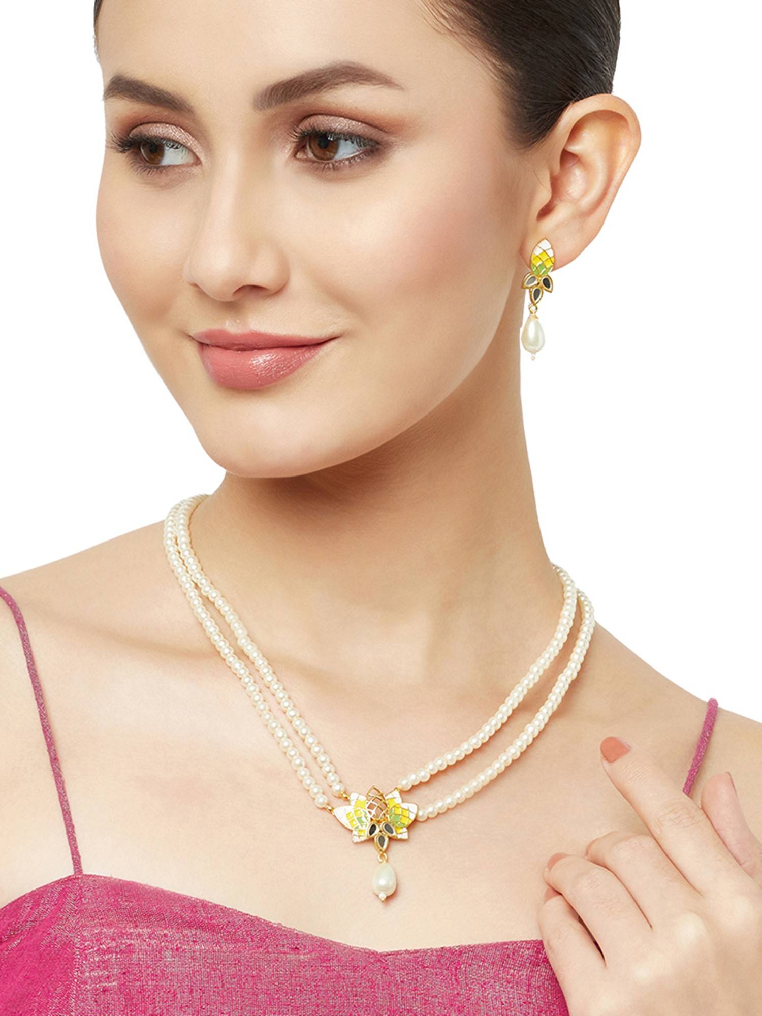 Voylla Festive Hues White Pearls Gold Plated Jewellery Set