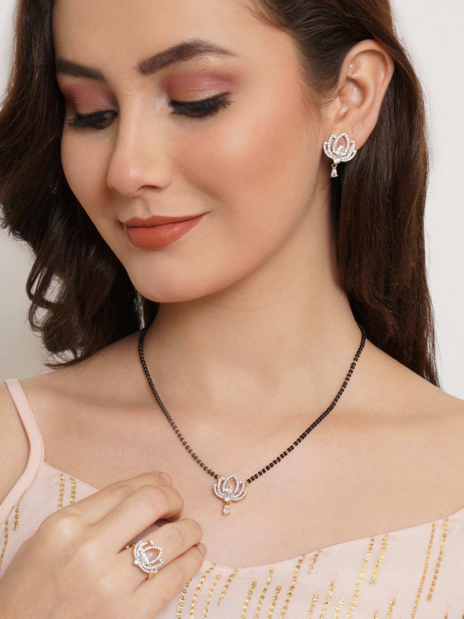 Voylla Sparkling Essentials Gold Plated Floral Mangalsutra with Earrings and Ring